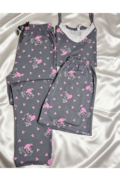 Gri Pembe Desenli 3'Lü Kombin Pijama Takımı