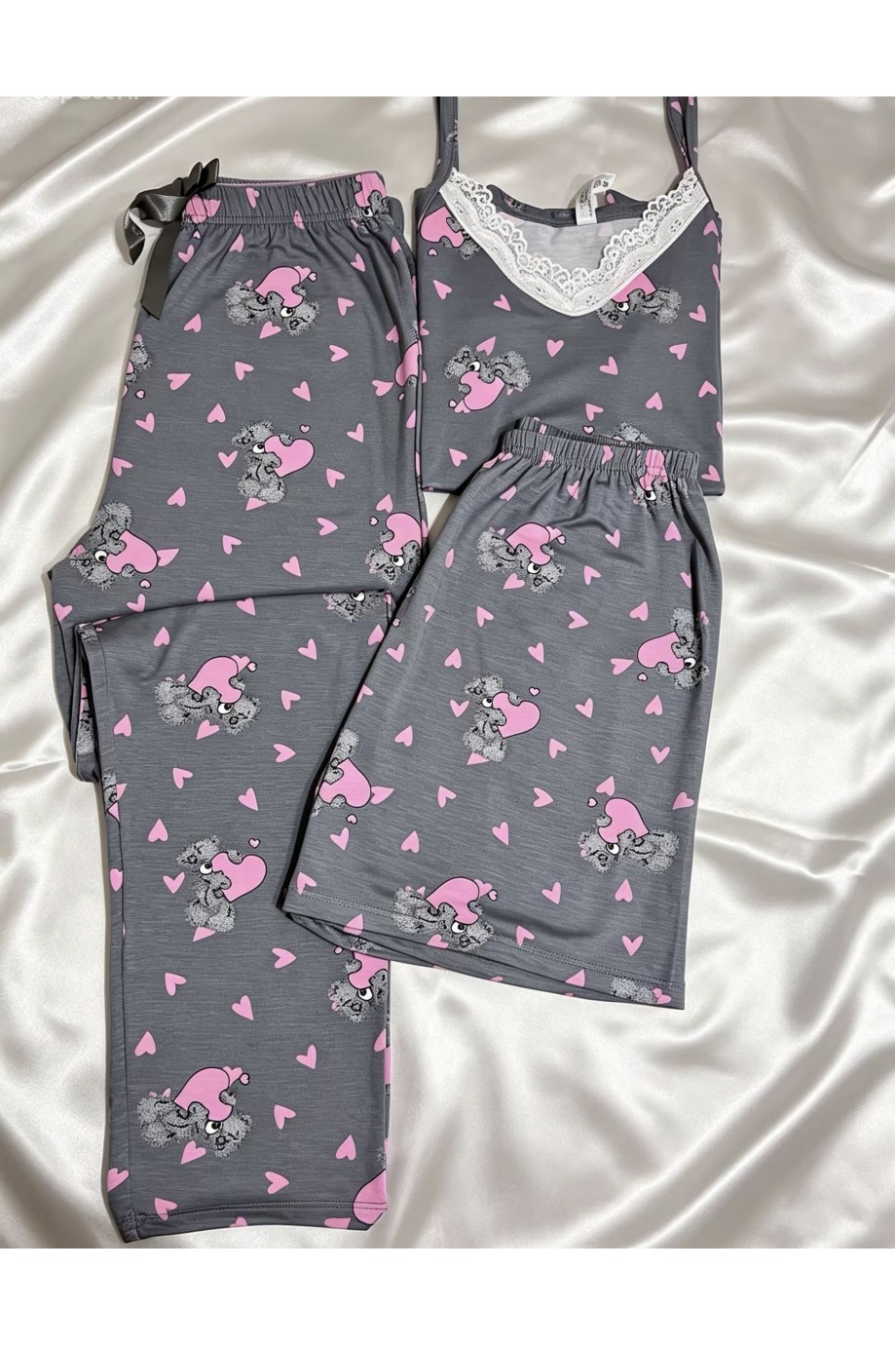 Gri Pembe Desenli 3'Lü Kombin Pijama Takımı