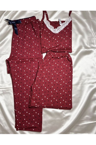Kırmızı Yıldız  Desenli 3'Lü Kombin Pijama Takımı
