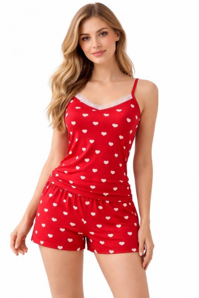 Kırmızı Kalpli Askılı Şortlu Pijama Takımı