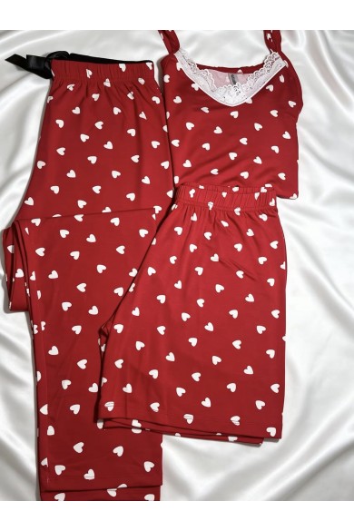 Kırmızı Kalpli 3'Lü Kombin Pijama Takımı