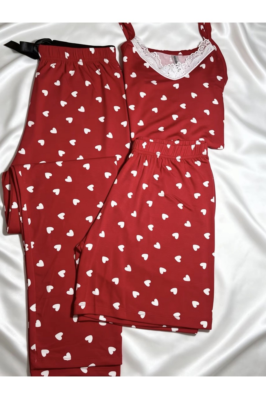 Kırmızı Kalpli 3'Lü Kombin Pijama Takımı
