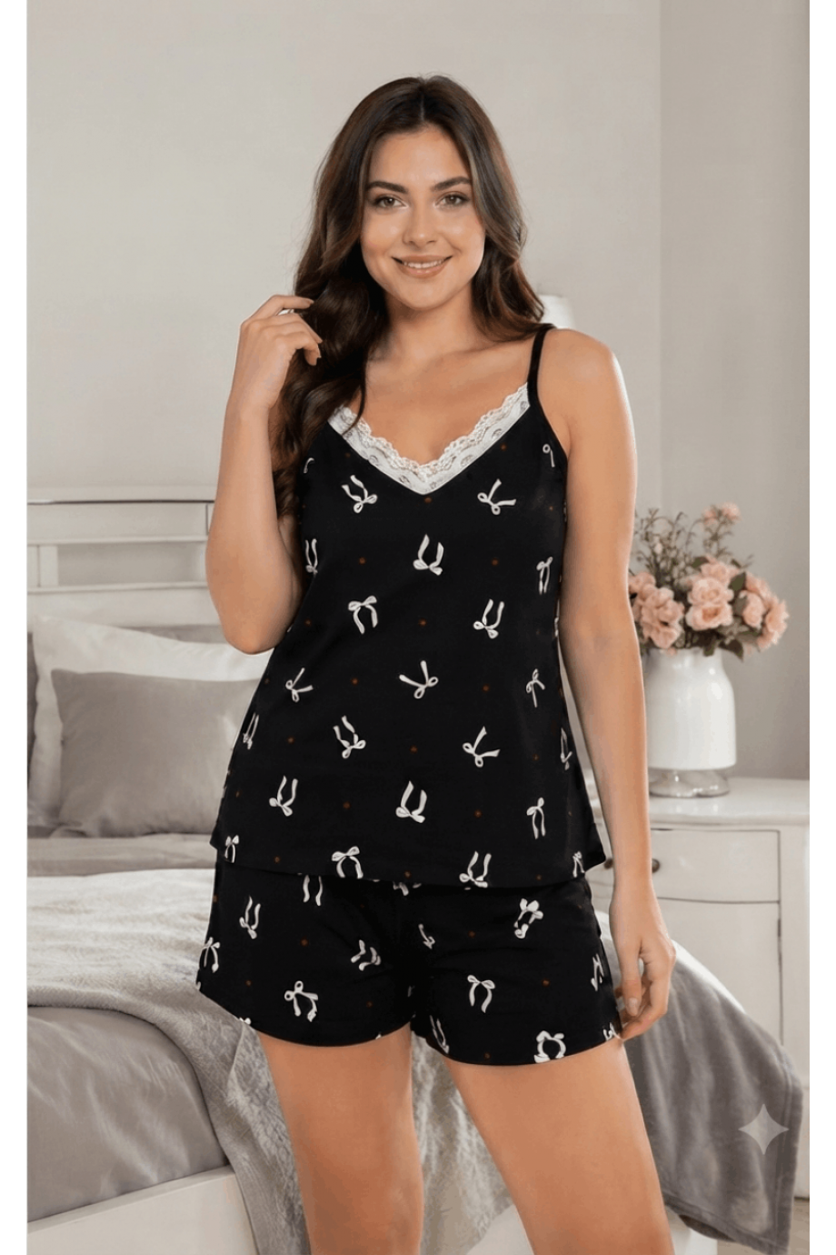 Viskon Fiyonk Desenli Askılı Şortlu Kadın Pijama Takımı - Önden Görünüm | Linay Butik Kadın Ev Giyimi