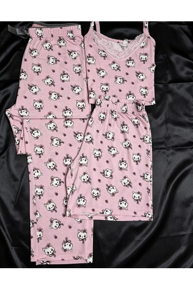 Pembe Desenli 3'Lü Kombin Pijama Takımı